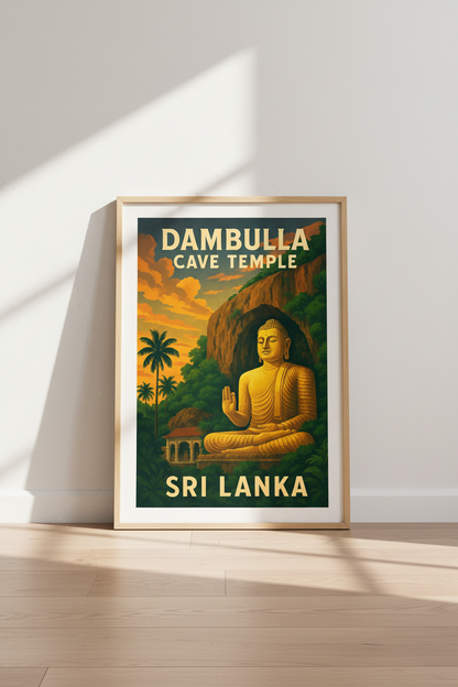 Retro Travel Dambulla Cave Temple Wall Art Print | Boho Living Room Decor | Sri Lanka Buddha Poster Gift