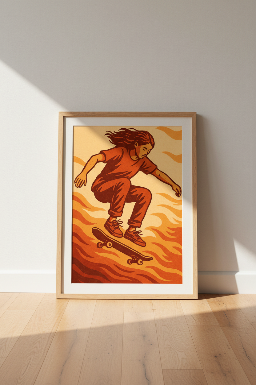 Retro Skater Girl Wall Art Print | Teen Room Decor | Aesthetic Framed Poster | Skateboard Art Ready to Hang