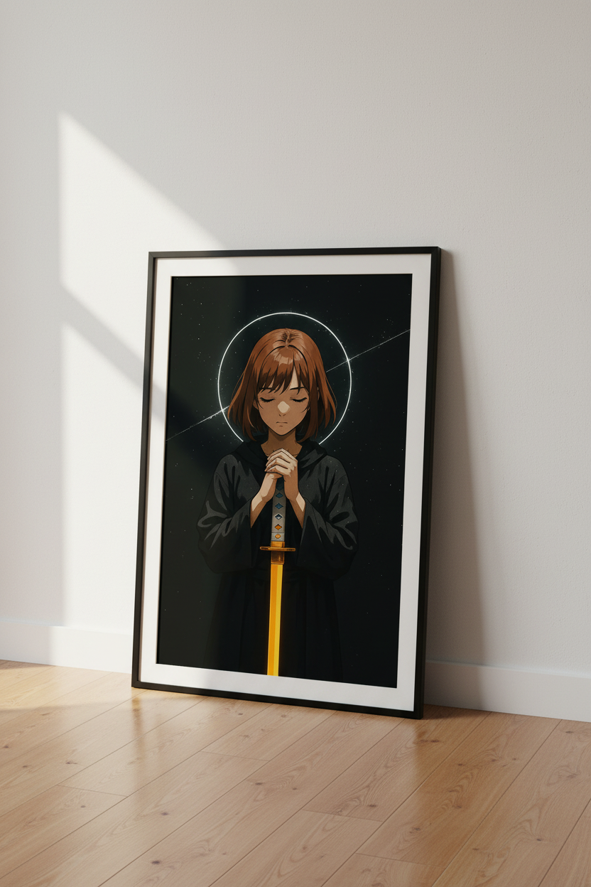 Anime Girl Praying with Katana Wall Art Print | Dark Fantasy Decor | Aesthetic Gaming Poster | Spiritual Samurai Art