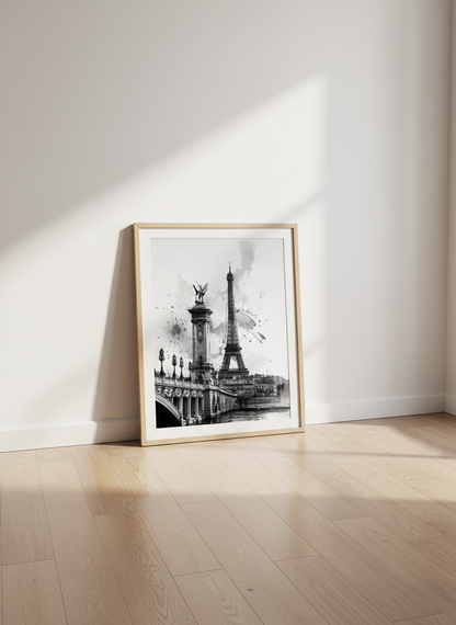 Eiffel Tower Watercolor Art | Black &amp; White Paris Print, Living Room Decor