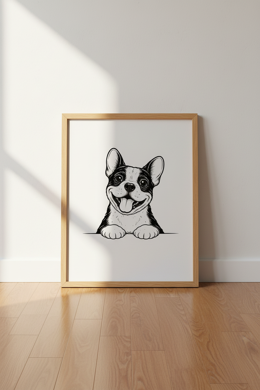 Minimalist French Bulldog Wall Art Print | Pet Themed Decor | Cute Bulldog Poster | Dog Lover Gift | Black &amp; White Happy Puppy