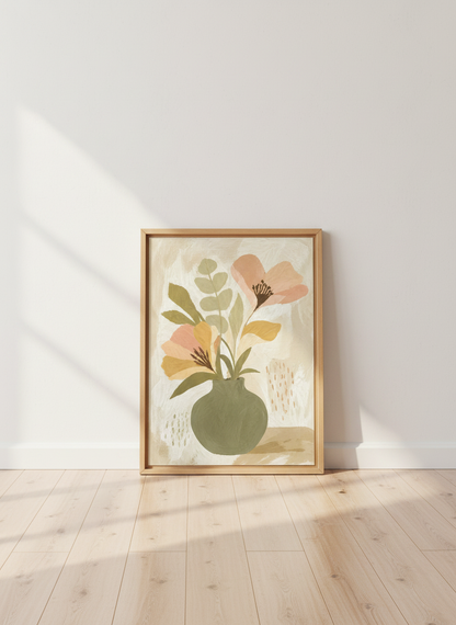 Minimalist Floral Still Life Wall Art | Sage Green Abstract Vase, Neutral Botanical Boho