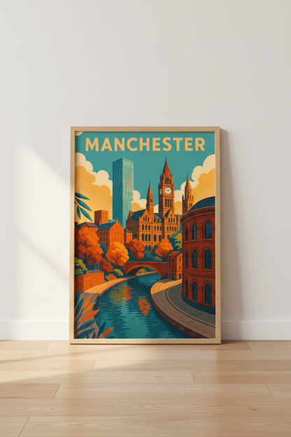 Retro Travel Manchester Wall Art Print | Living Room Decor | Autumn Aesthetic Cityscape Poster | England Canal Art