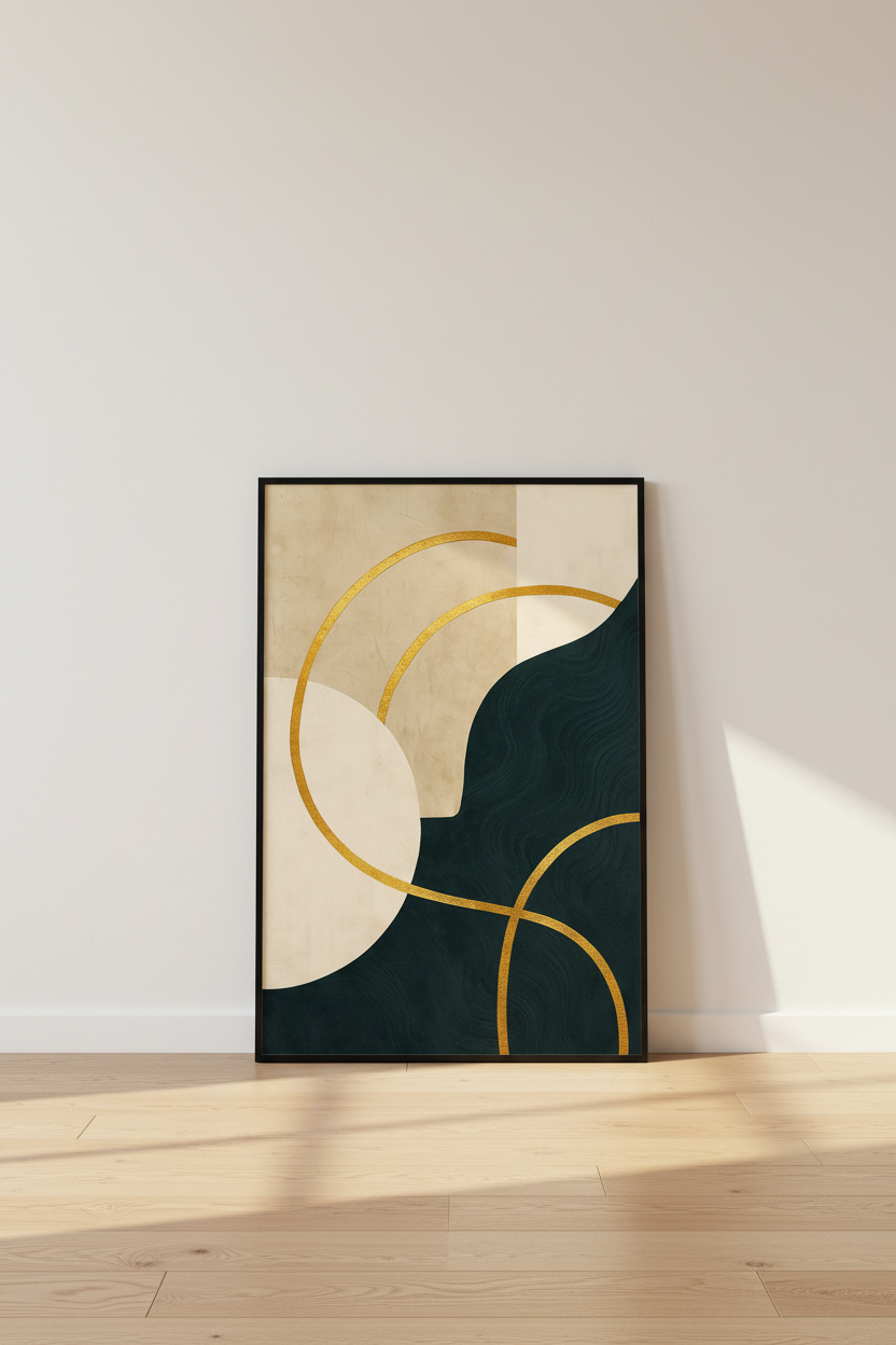 Abstract Geometric Wall Art Print | Modern Living Room Decor | Mid-Century Aesthetic Poster | Gold &amp; Teal Black Art | Digital &amp; Physical