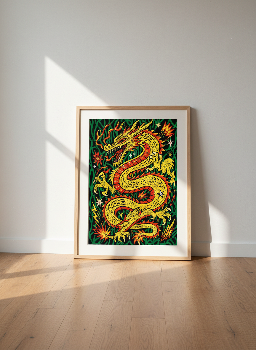 Chinoiserie Dragon Wall Art Print | Vibrant Living Room Decor | Eclectic Asian Aesthetic Framed Poster