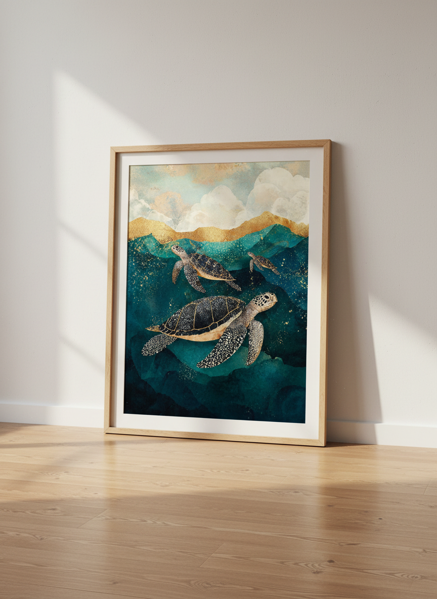 Abstract Ocean Turtle Wall Art Print | Coastal Bathroom Decor | Gold Teal Aqua Marine Boho Nursery Poster | Seashell Beach House
