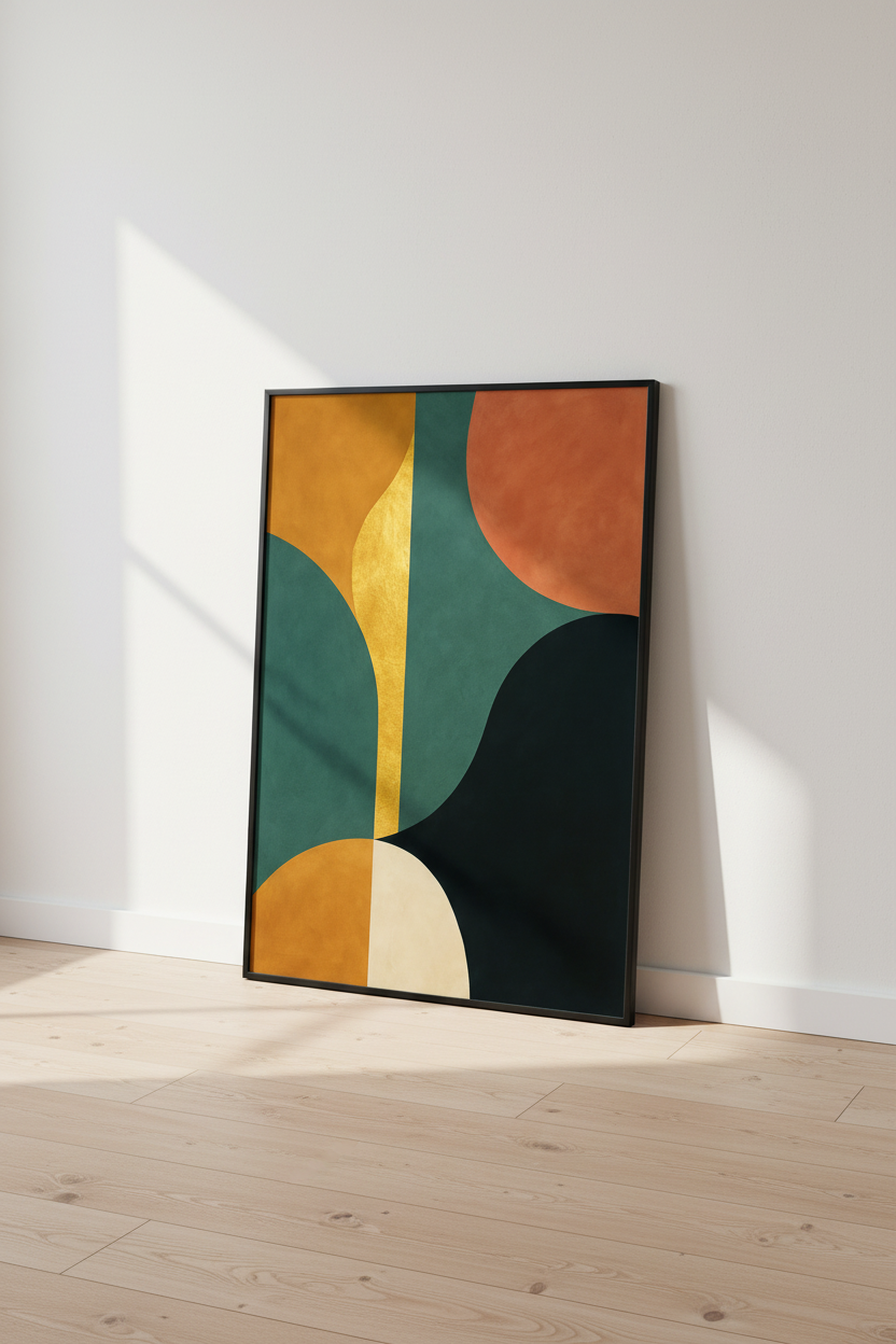 Abstract Geometric Wall Art Print | Mid-Century Modern Living Room Decor | Retro Bauhaus Poster | Teal Orange Gold Black Art