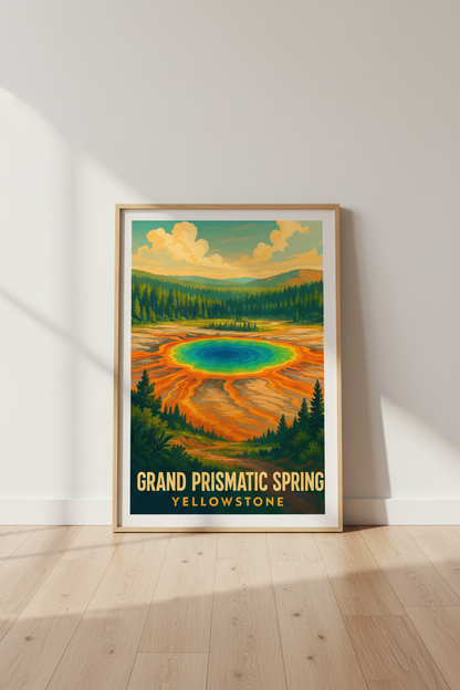 Retro Travel Grand Prismatic Spring Yellowstone Wall Art Print | Living Room Decor | National Park Poster Gift