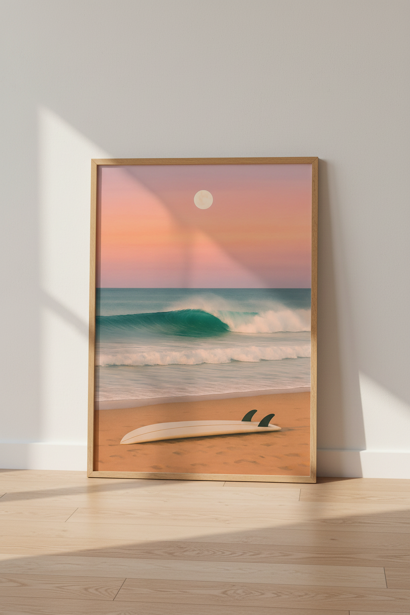 Minimalist Beach Sunset Wall Art Print | Coastal Living Room Decor | Retro Surfboard Framed Poster