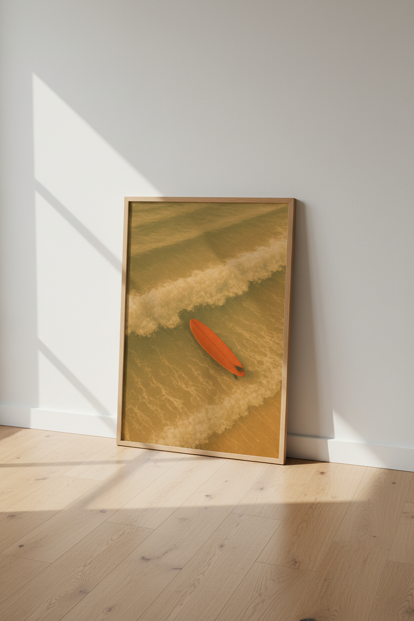 Minimalist Beach Surfboard Framed Wall Art Print | Coastal Living Room Decor | Retro Aesthetic Poster
