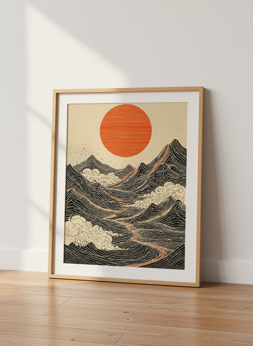 Zen Mountain Sun Art | Japanese Mountain Decor, Minimalist Landscape Poster Print