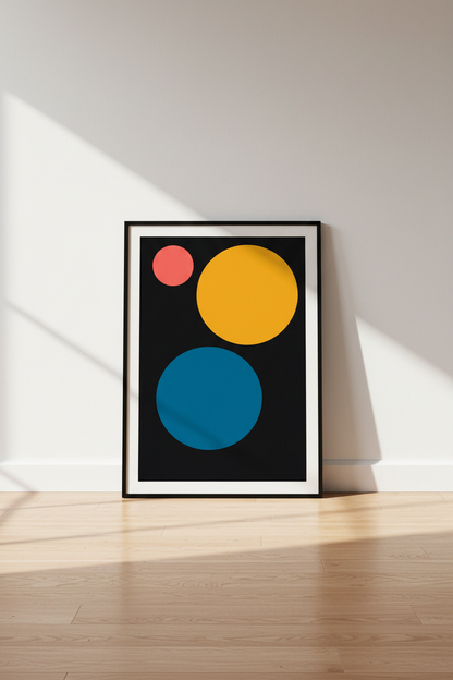 Minimalist Abstract Circles Wall Art Print | Mid Century Modern Geo Poster | Black, Yellow, Teal, Coral Home Decor