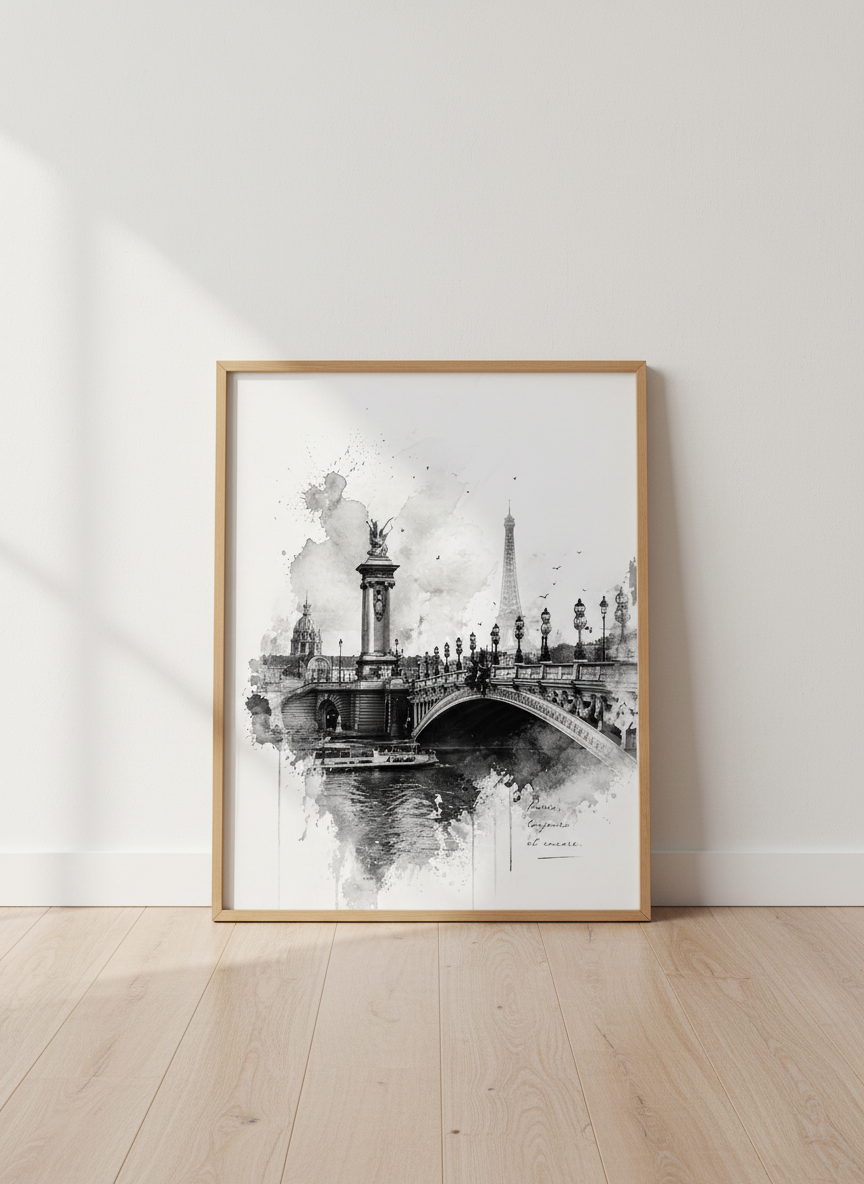 Black and White Paris Bridge Eiffel Tower Art | Watercolor Cityscape Decor | Travel Poster