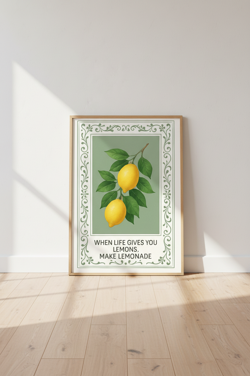 Botanical Lemon Wall Art Print | Kitchen Decor | Vintage Aesthetic Poster | When Life Gives You Lemons Quote Sign