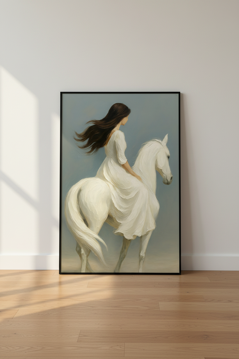 Minimalist Oil Painting Woman on Horse Wall Art Print | Boho Bedroom Decor | Serene Neutral Poster | Equestrian Art Gift
