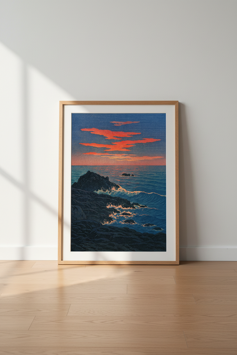 Japanese Woodblock Coastal Sunset Framed Wall Art | Ocean Home Decor | Vibrant Ukiyo-e Poster Print | Ready To Hang