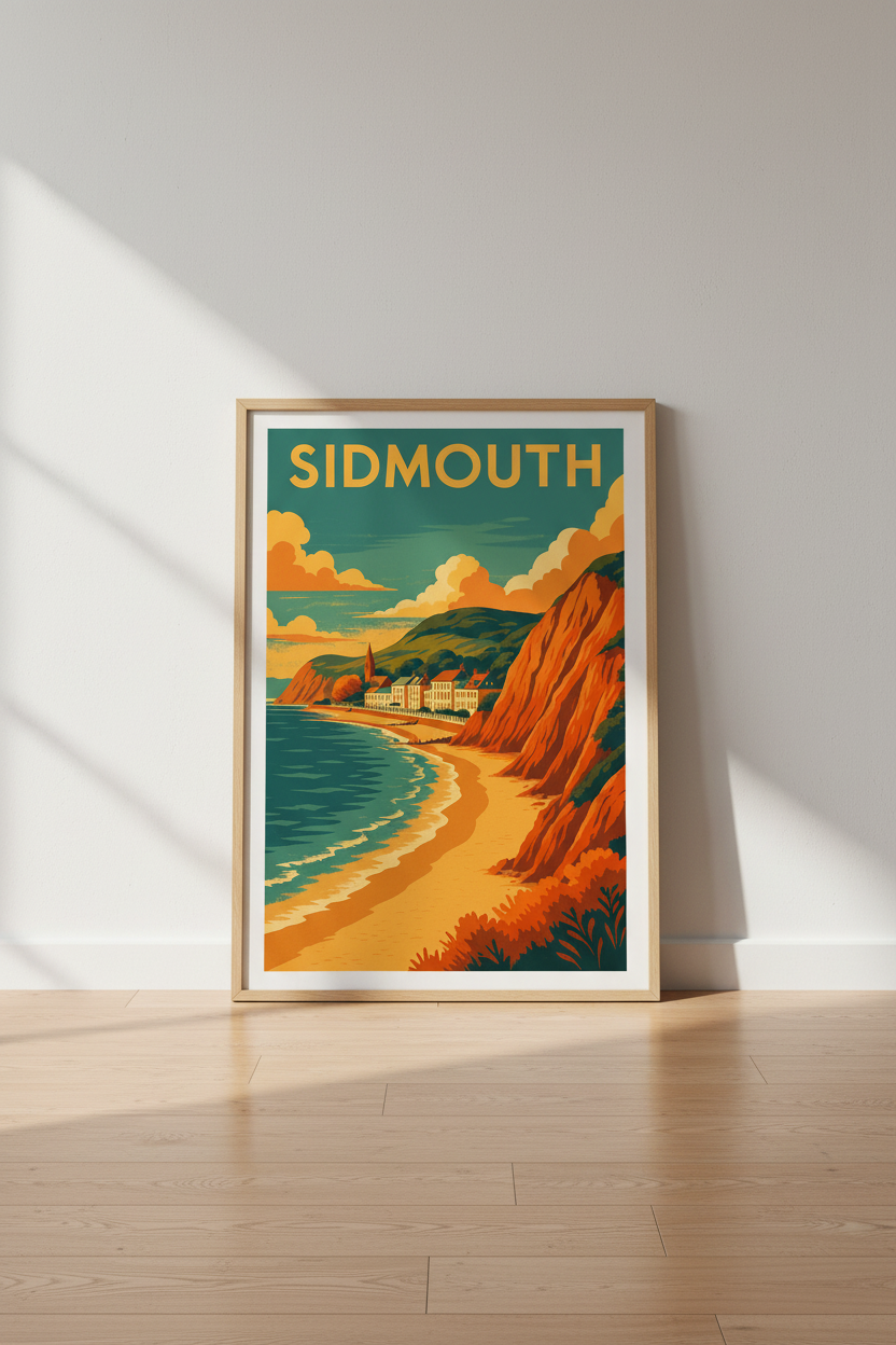 Vintage Sidmouth Travel Poster | Mid-Century Coastal Wall Art Print | Beach House Home Decor | Retro Folk Art Gift