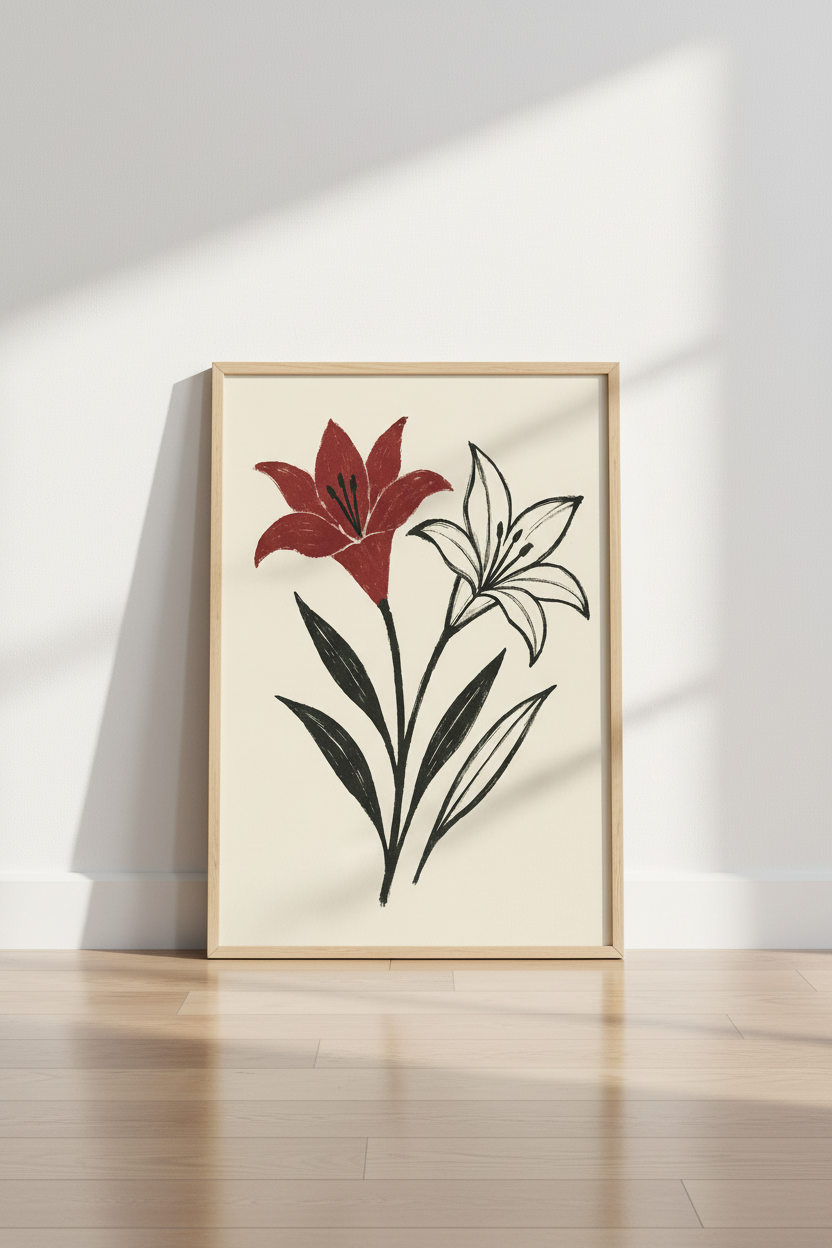 Modern Abstract Floral Wall Art Print | Boho Bedroom Decor | Minimalist Botanical Framed Poster | Red Lily Ready to Hang Art