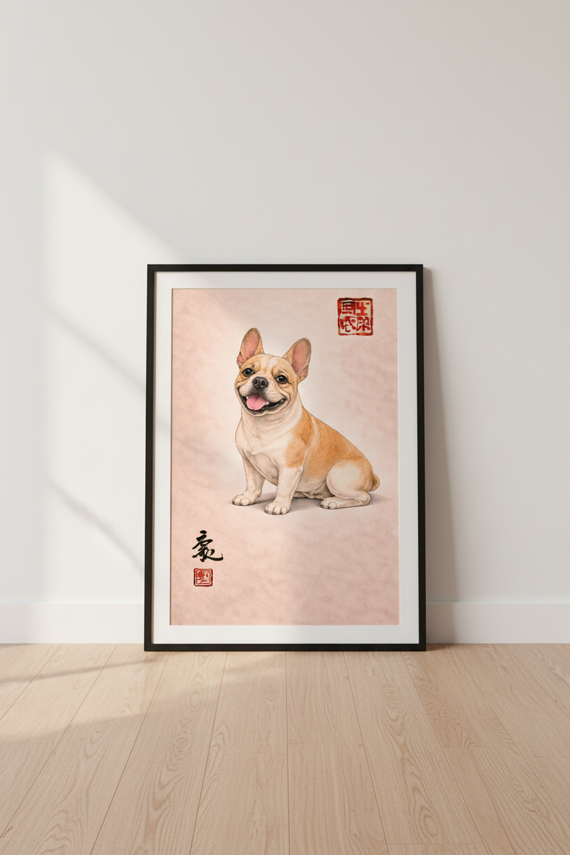 Illustration French Bulldog Art Print | Pet Lover Gift | Modern Animal Wall Decor | Beige Peach Aesthetic Poster