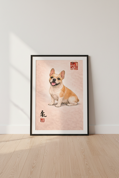 Illustration French Bulldog Art Print | Pet Lover Gift | Modern Animal Wall Decor | Beige Peach Aesthetic Poster