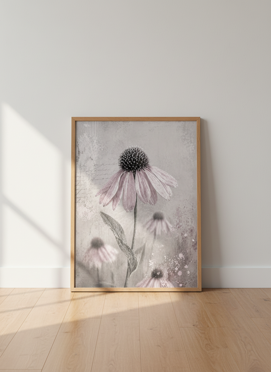 Rustic Echinacea Flower Print | Vintage Floral Wall Art Decor | Shabby Chic Posters