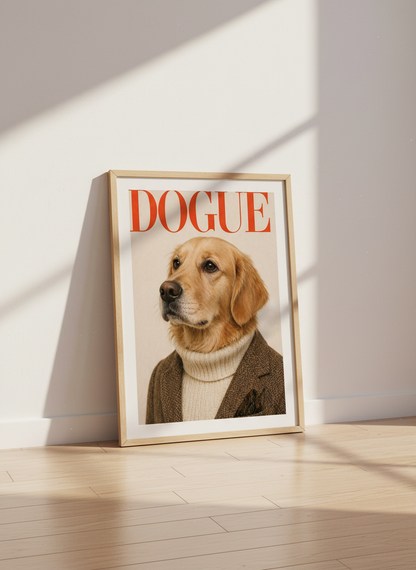 Funny Dog Portrait Framed Art Print | Elegant Golden Retriever Wall Decor | Dogue Magazine Aesthetic Poster