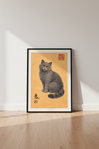British Shorthair Cat Art Print | Traditional Japanese Style Cat Wall Art | Gray Cat Poster | Unique Pet Home Decor