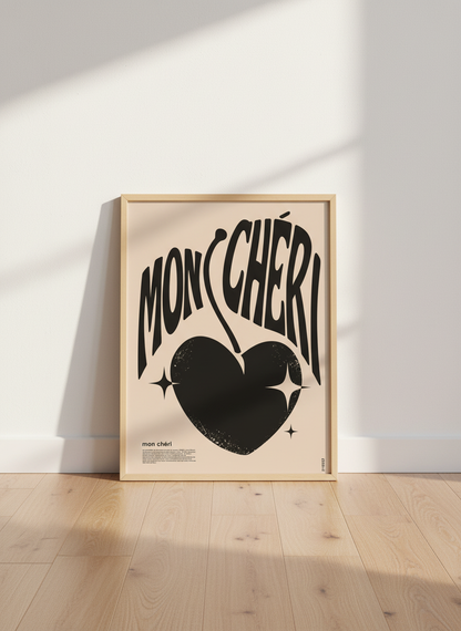 Mon Chéri Love Heart Wall Art | Funky Retro Home Decor | Modern Typography Poster
