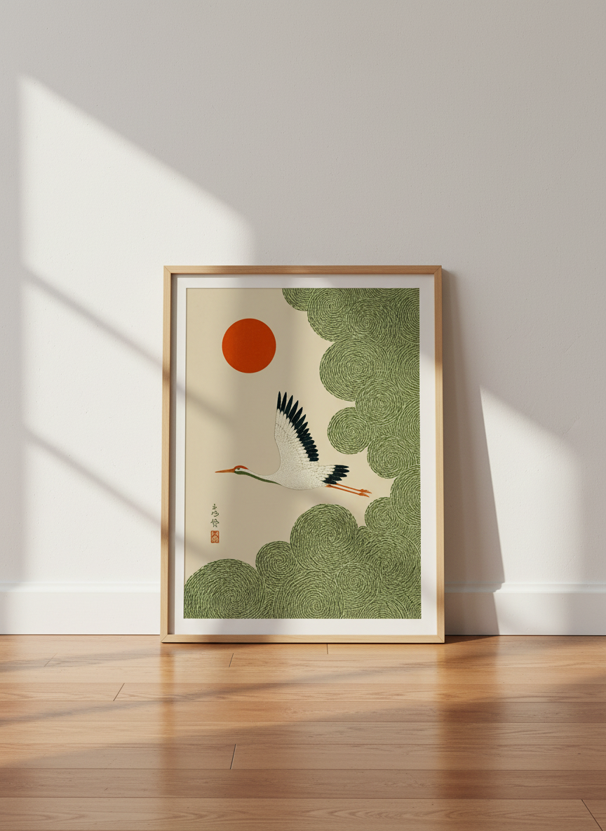 Japanese Crane Wall Art Print | Ukiyo-e Bird Decor | Asian Aesthetic Poster