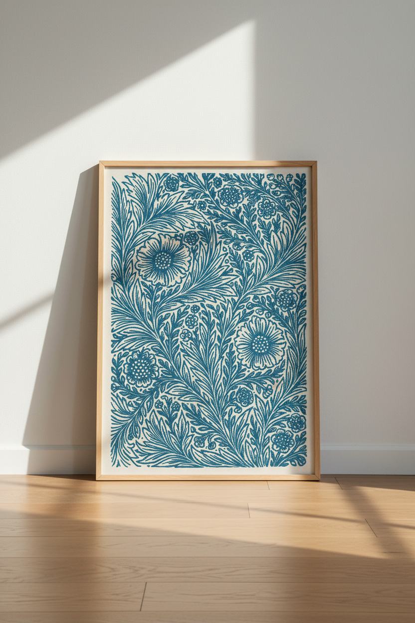 Arts &amp; Crafts Floral Pattern Wall Art Print | Bedroom Decor | William Morris Style Framed Poster | Botanical Blue Flower
