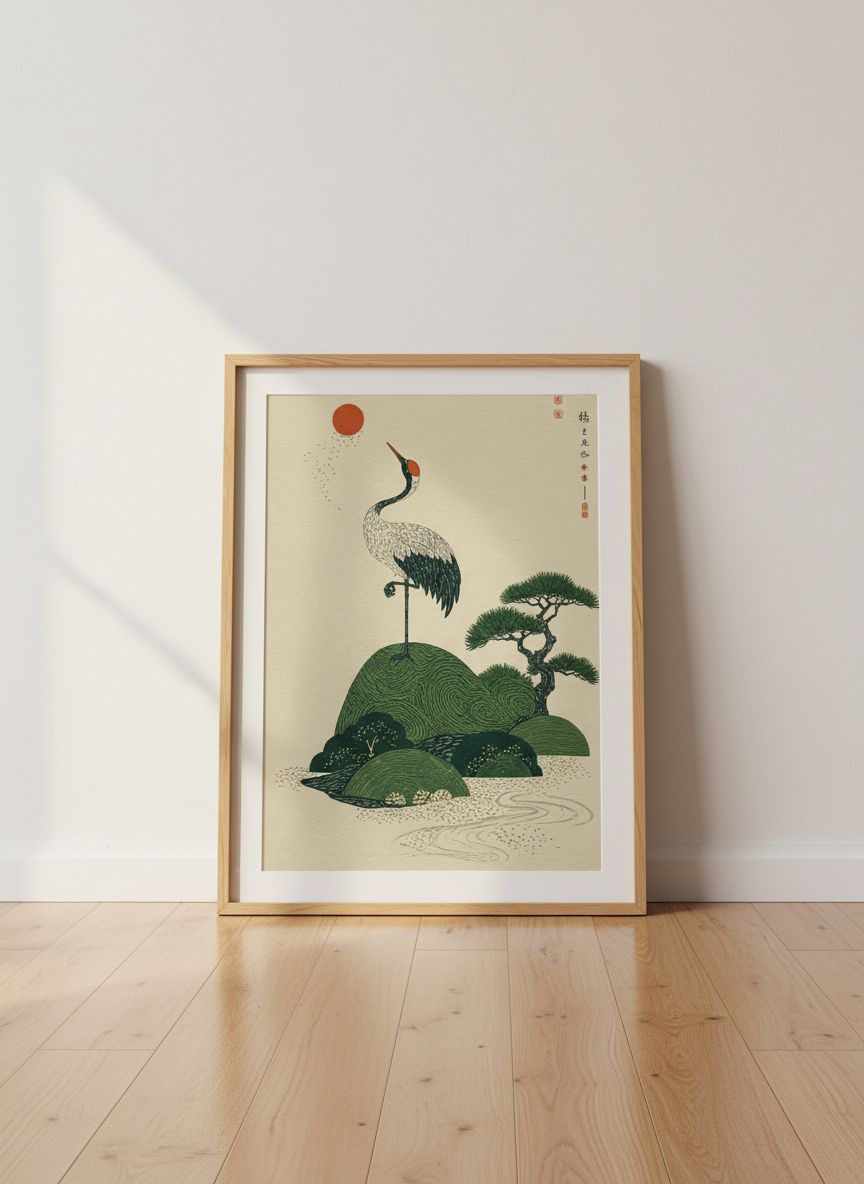 Zen Crane Ukiyo-e Print | Japanese Art Decor, Minimalist Living Room Art