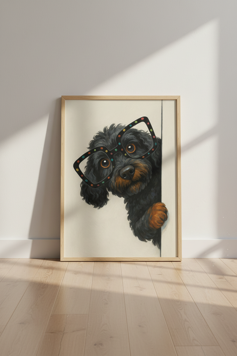Nerd Dog Peeking Wall Art | Cute Black Doodle with Glasses Poster Print | Whimsical Pet Home Decor Gift | Animal Art Print