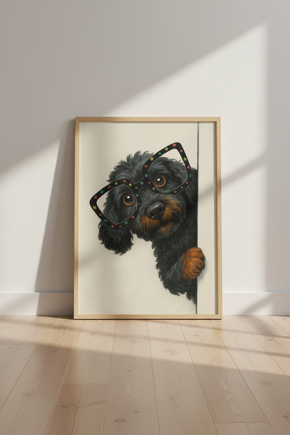 Nerd Dog Peeking Wall Art | Cute Black Doodle with Glasses Poster Print | Whimsical Pet Home Decor Gift | Animal Art Print