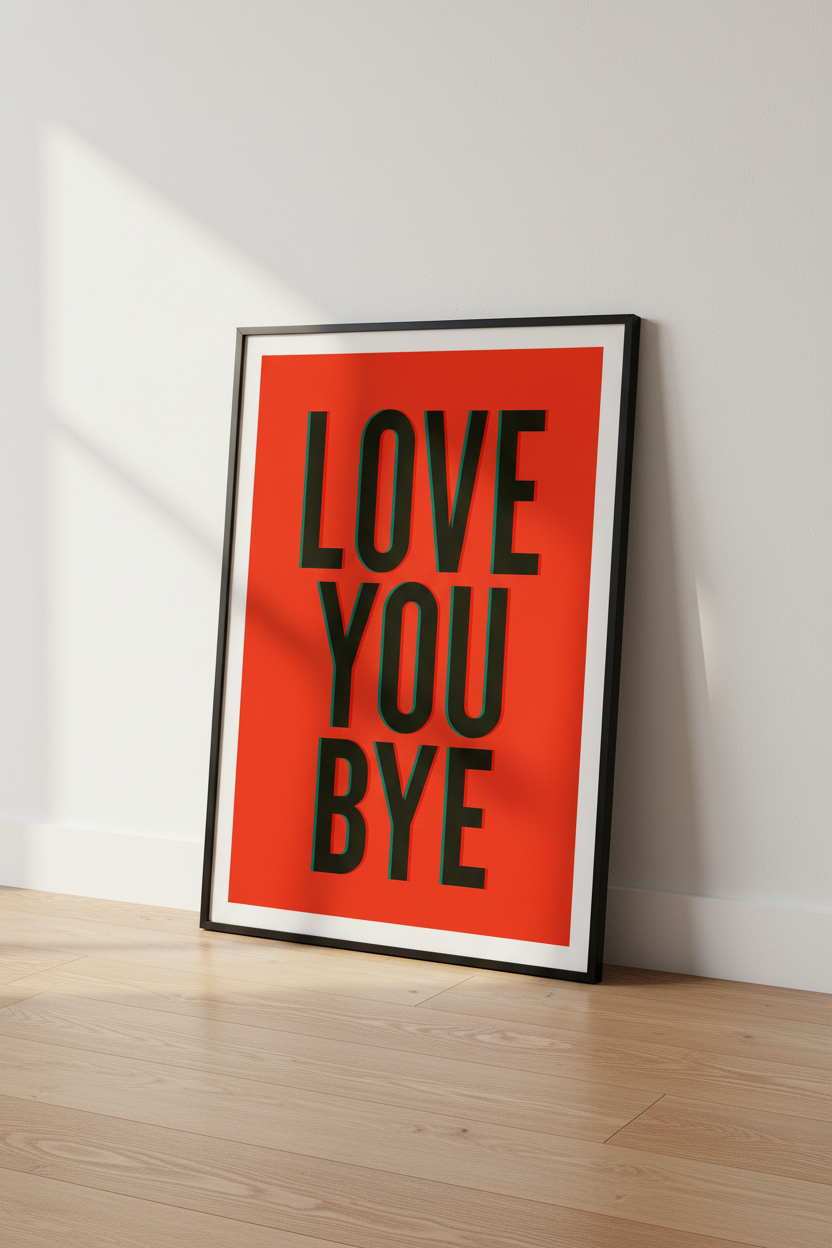 Love You Bye Wall Art Print | Bold Red &amp; Green Typographic Poster | Home Decor Statement Art | Modern Quote Wall Hanging