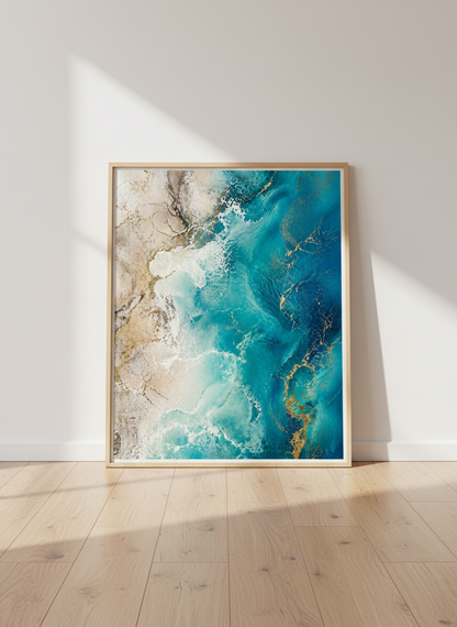 Ocean Gold Abstract Art Print | Coastal Wall Decor | Teal &amp; Aqua Luxe Poster