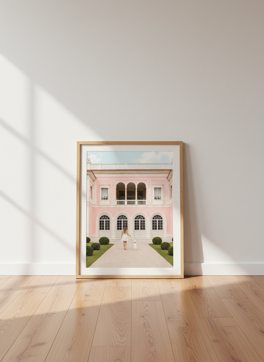 Architectural Pink Building Wall Art Print | Glam Living Room Decor | Chic Aesthetic Poster | Woman &amp; Dog Art | Grand Mansion Print