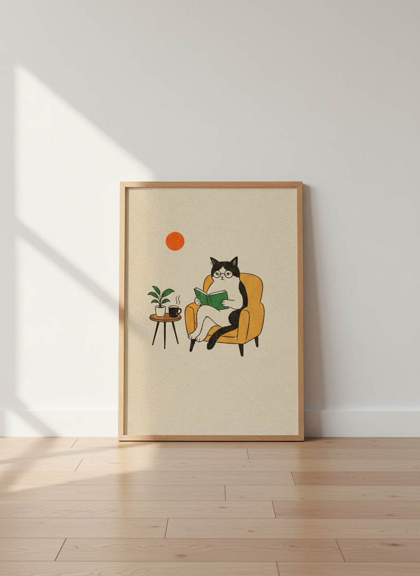 Cozy Cat Reading Wall Art Print | Bookstore Cat Decor | Retro Animal Poster | Mid Century Cat Lover Gift | Cute Home Office