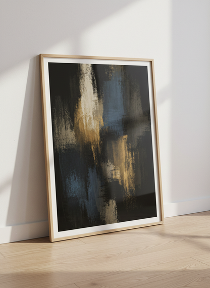 Abstract Impressionist Wall Art Print | Dark Moody Living Room Decor | Gold Blue Black Aesthetic Framed Poster