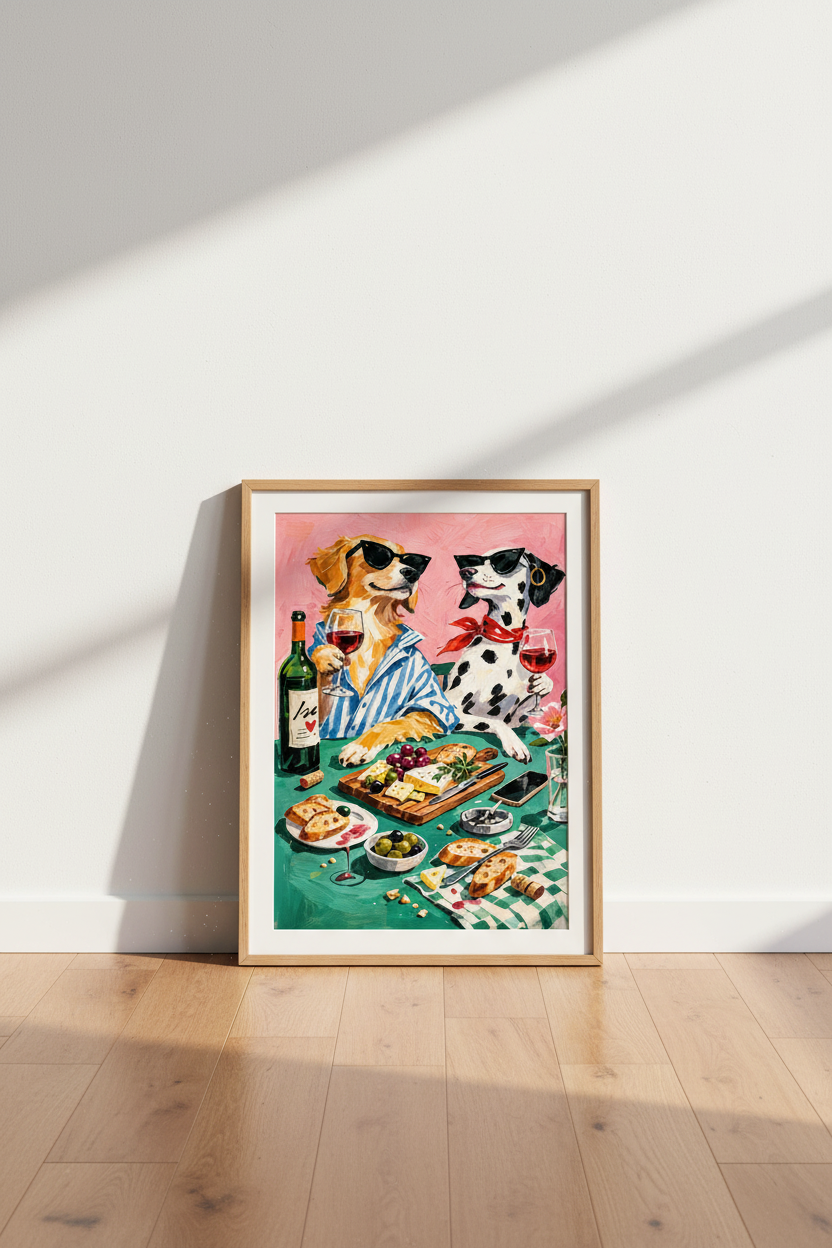 Funky Dog Wine Night Wall Art Print | Boho Kitchen Decor | Eclectic Pet Lover Poster | Framed Unframed Digital