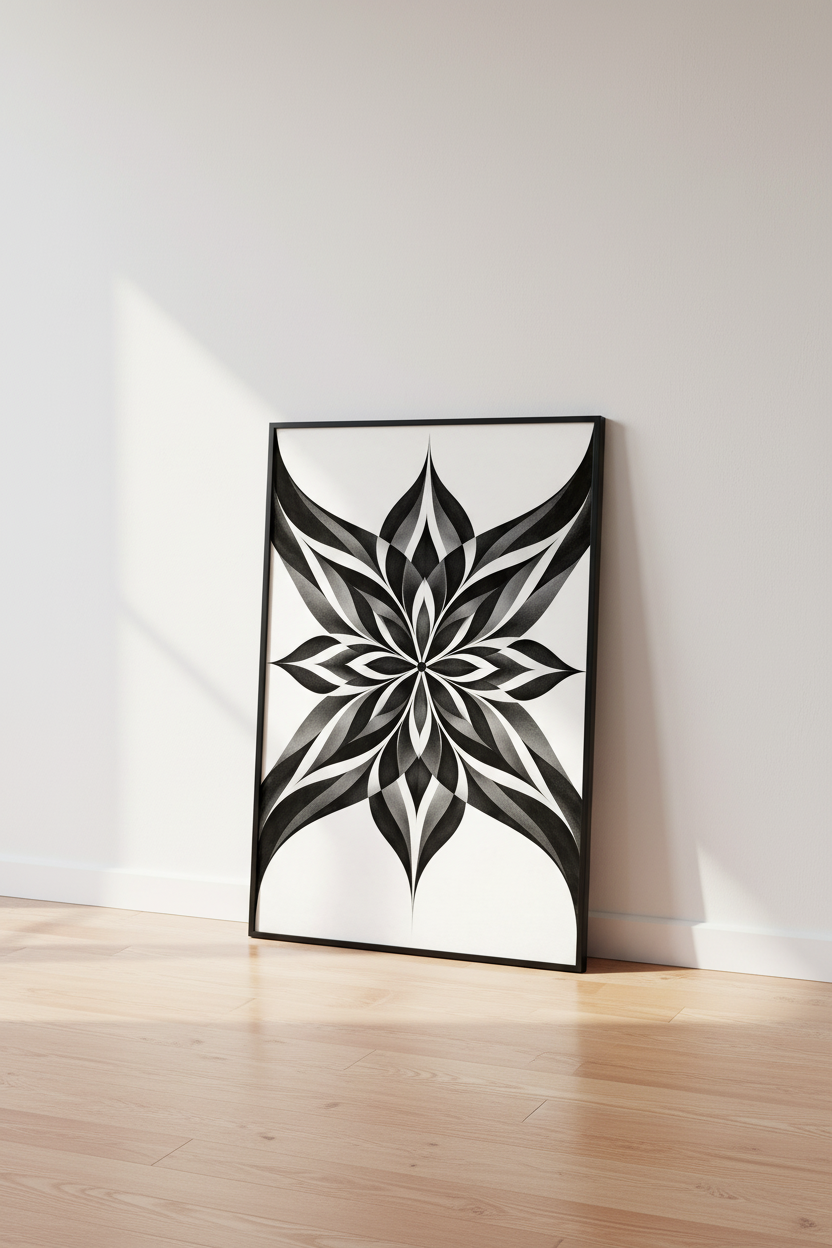 Abstract Geometric Flower Wall Art Print | Black &amp; White Mandala Poster | Modern Minimalist Home Decor | Boho Wall Hanging