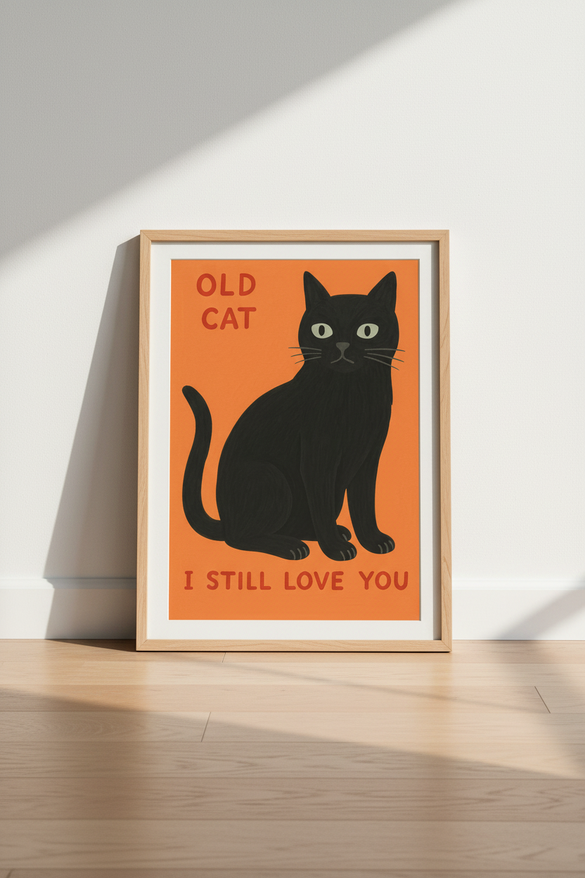 Minimalist Black Cat Art Print | Orange Pet Lover Decor | Whimsical Framed Wall Art | Old Cat I Still Love You Poster
