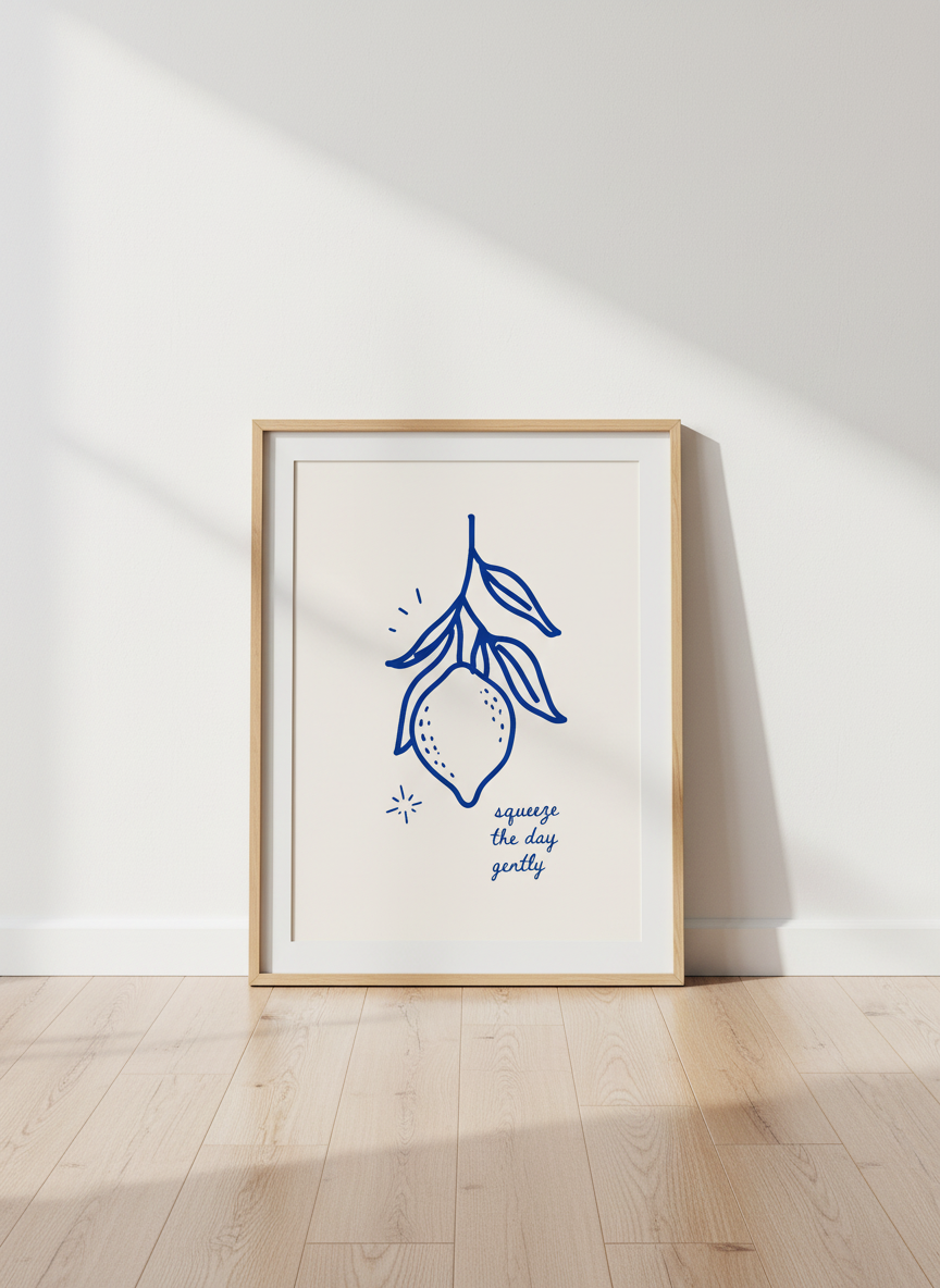 Lemon Line Art Print | Squeeze the Day Gently Wall Decor | Kitchen Quote Poster