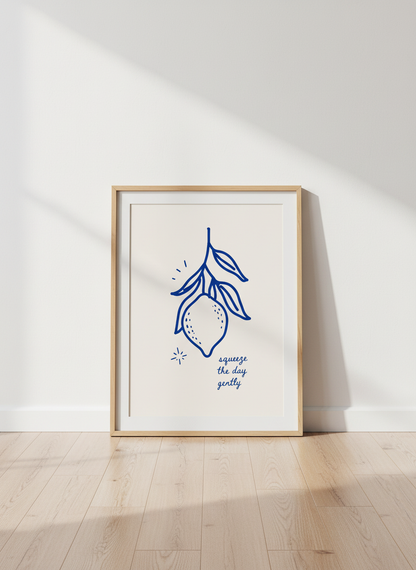 Lemon Line Art Print | Squeeze the Day Gently Wall Decor | Kitchen Quote Poster