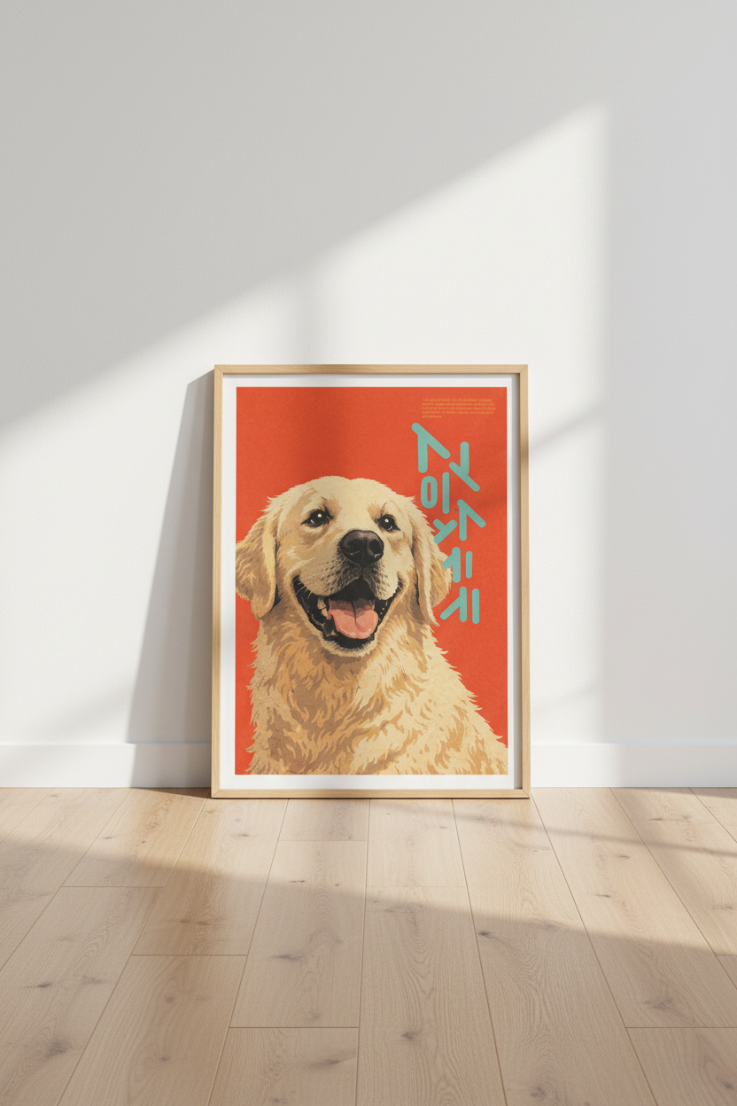 Retro Golden Retriever Framed Wall Art | Dog Lover Decor | Mid-Century Modern Poster | Vibrant Pet Portrait Ready To Hang