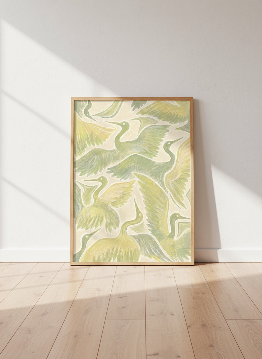 Abstract Crane Wall Art Print | Boho Living Room Decor | Sage Green Bird Poster | Neutral Bedroom Print | Calming Nursery Wall Art