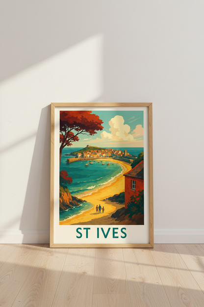 St Ives Cornwall Travel Poster Print | UK Beach Town Wall Art | Coastal Vacation Home Decor Seaside Print Gift