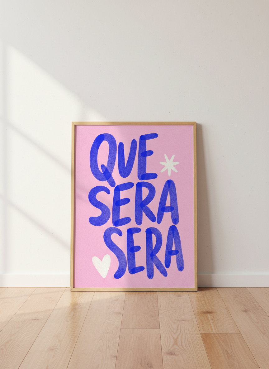 Chic Latin Quote Wall Art Print | Boho Bedroom Decor | Pink Blue Aesthetic Poster | Que Sera Sera Quote Print