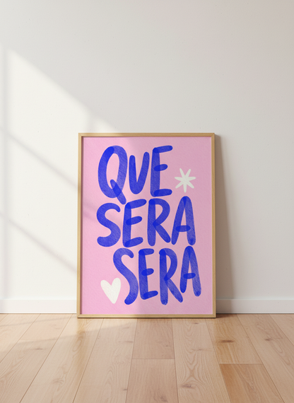 Chic Latin Quote Wall Art Print | Boho Bedroom Decor | Pink Blue Aesthetic Poster | Que Sera Sera Quote Print