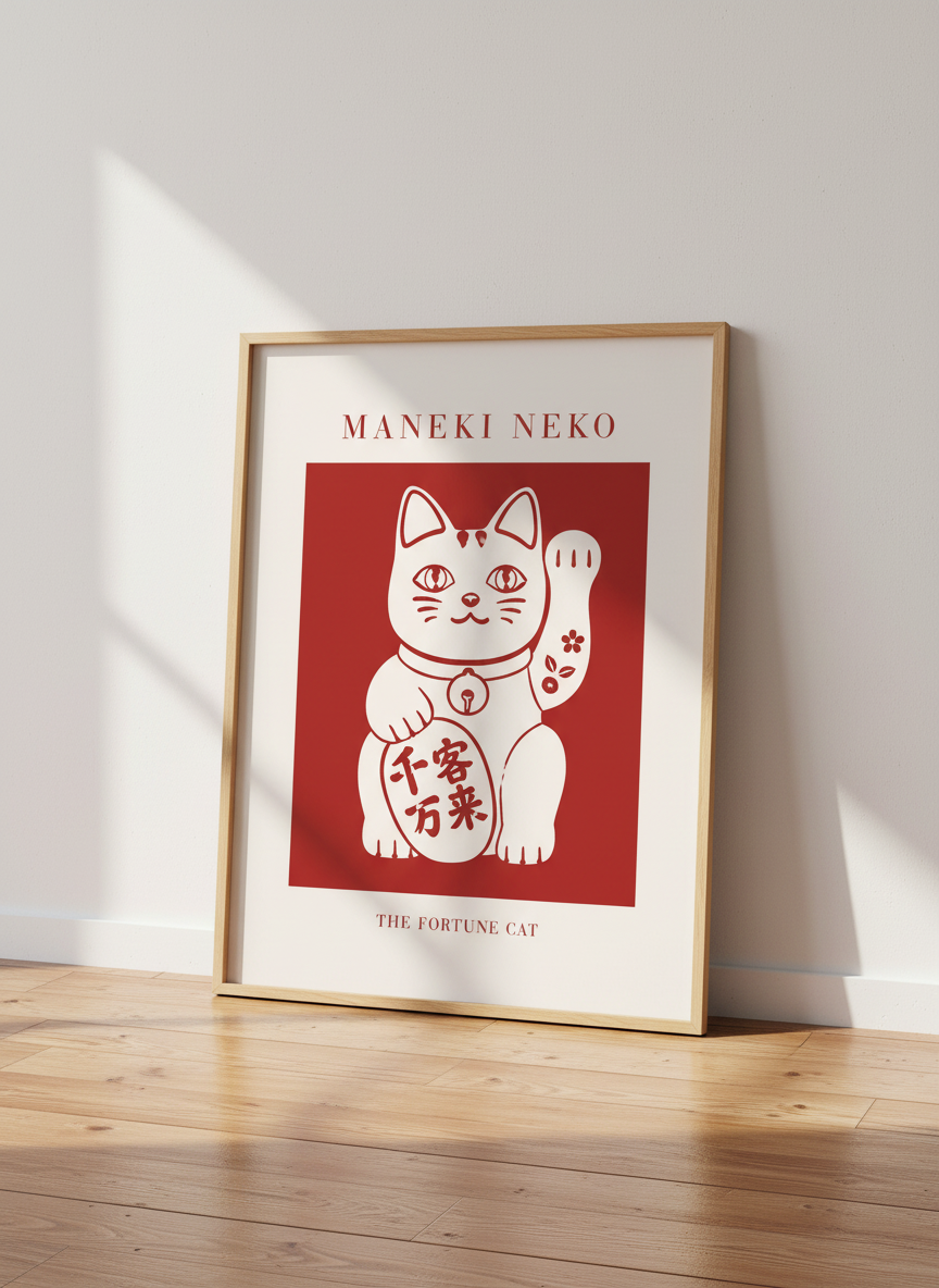 Maneki Neko Cat Poster | Lucky Charm Wall Art, Asian Decor, Fortune Cat Print