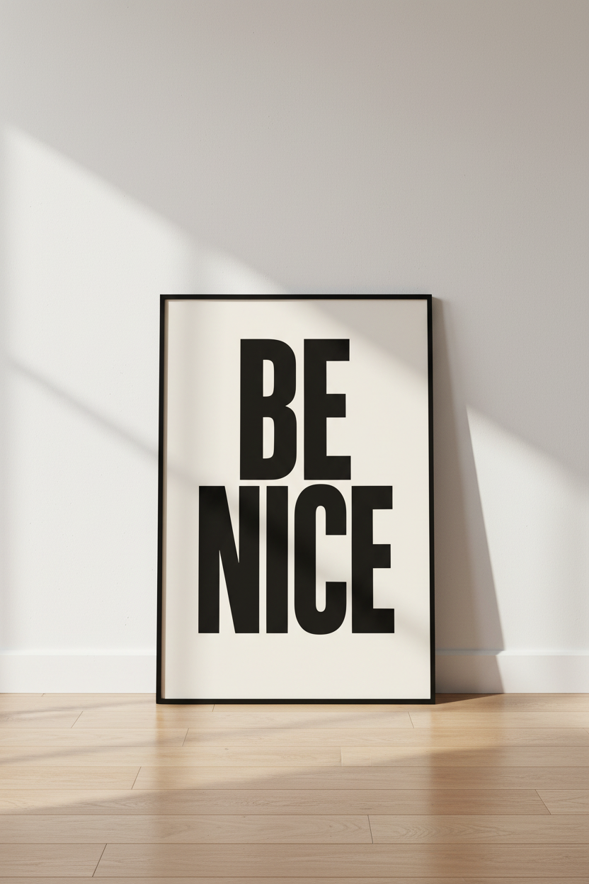 Minimalist Typography Wall Art Print | \"BE NICE\" Quote Poster for Living Room | Modern Home Decor | Black and Beige Aesthetic